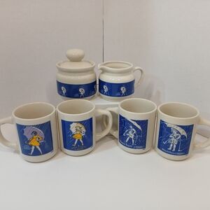 Vintage Morton Salt 'When It Rains It Pours' Coffee Mugs with Cream & Sugar Set